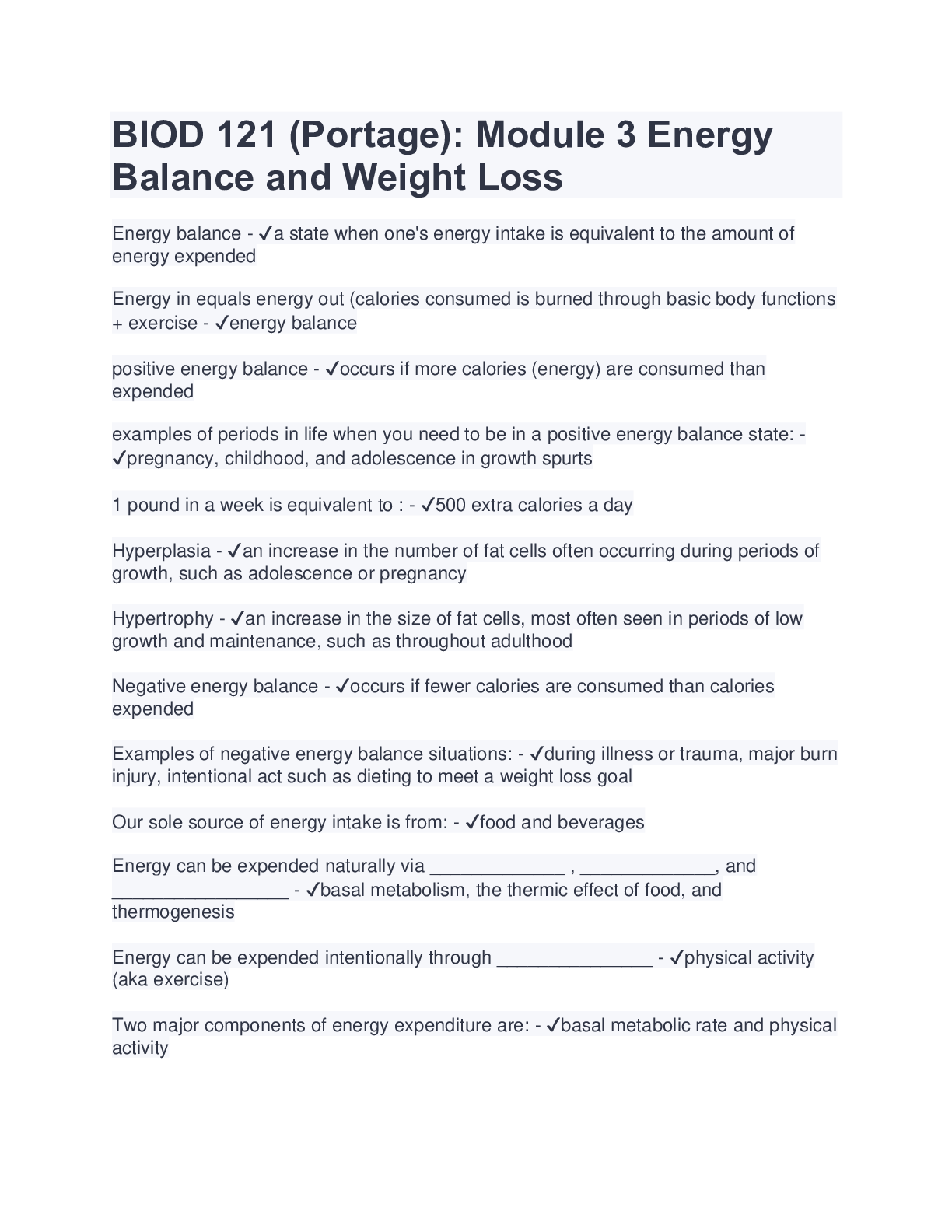 Preview image for BIOD 121 (Portage): Module 3 Energy Balance and Weight Loss (Latest 2023/2024) Verified Answers
